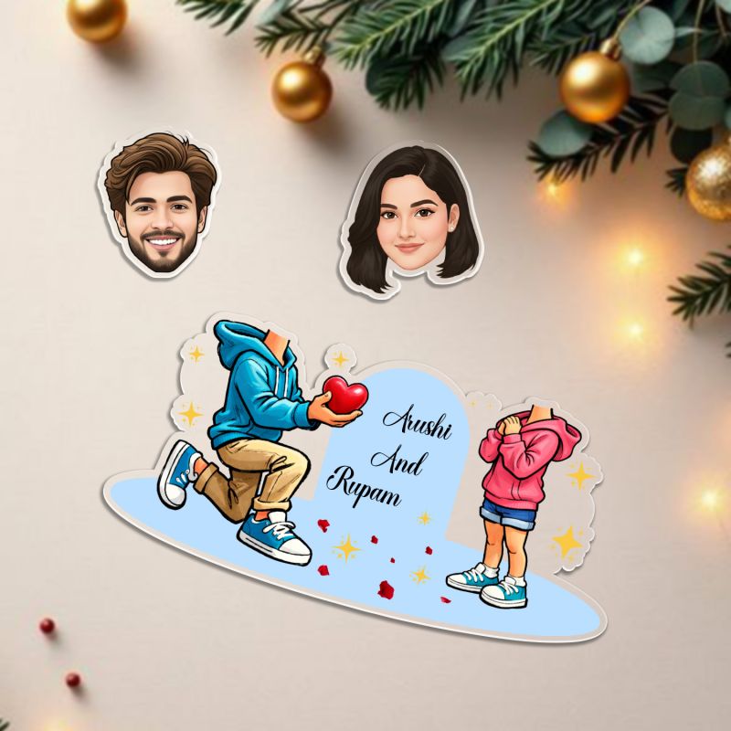 Personalized Proposing Couple Bobblehead Caricature Custom Cartoon Face Cutout Propose Theme Tabletop Decor for Girlfriend Boyfriend, Husband & Wife  Battery Powered Moving Head